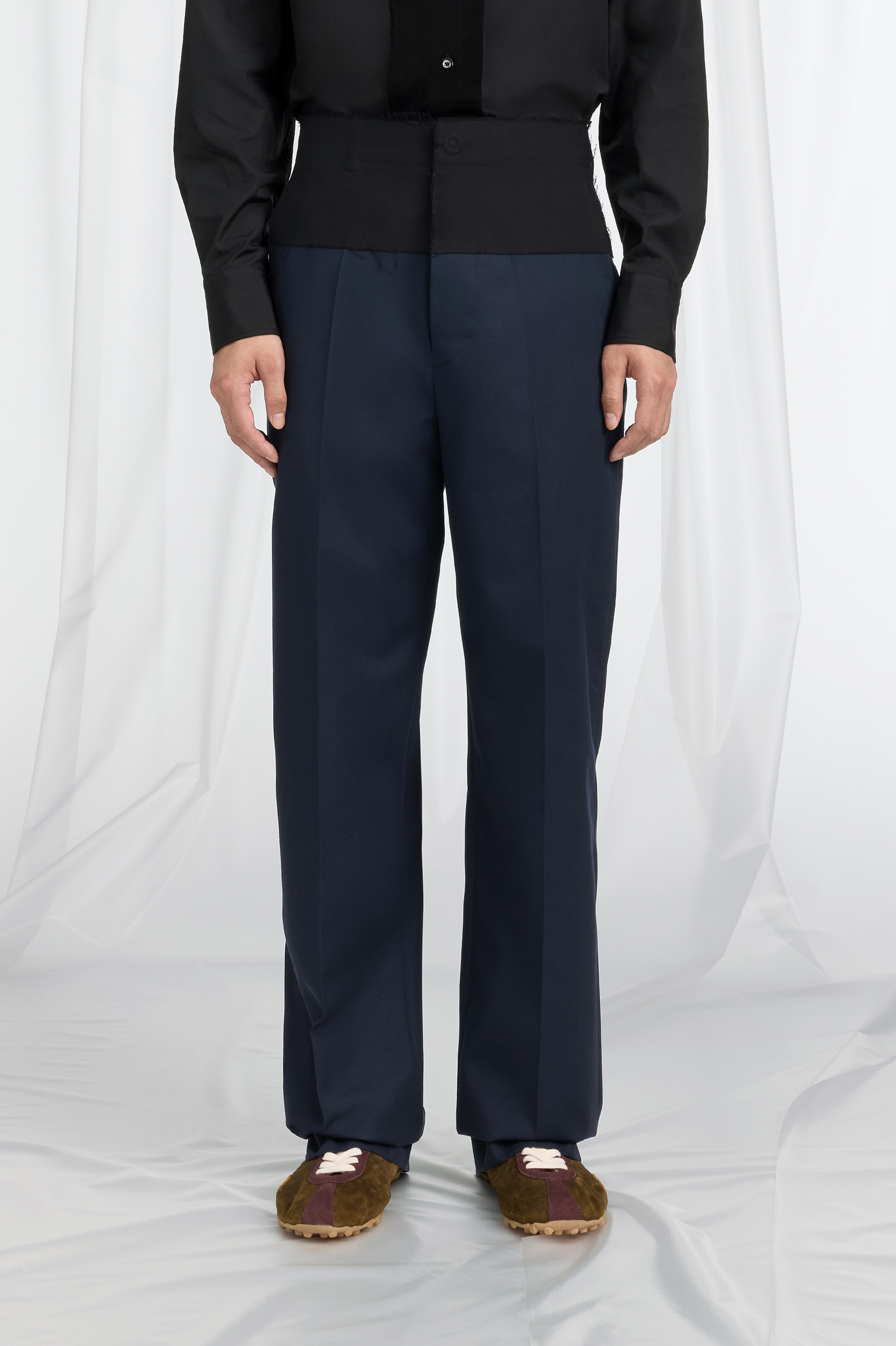 Navy Blue Assemblage Contrast Waistband Wool Trousers | Maison