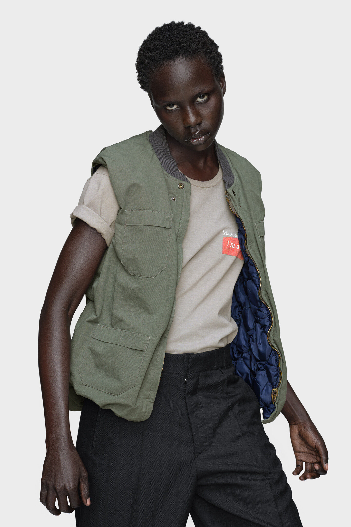 【MM6 Maison Margiela】キルティングライナーベスト40 Women's Green Cotton & Linen Reversible Gilet