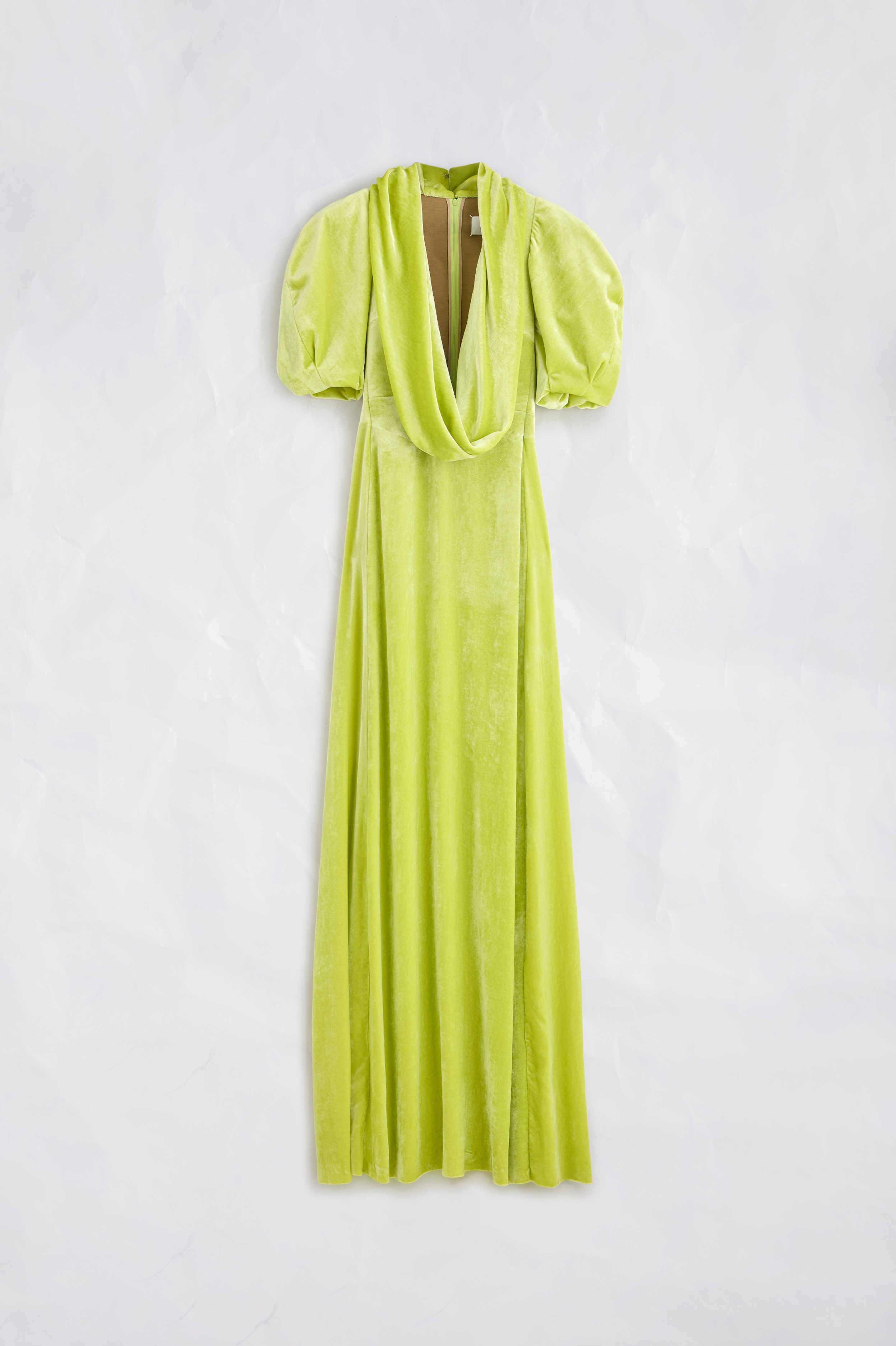 lime green velvet dress Puff-Sleeve Cowl Maxi Bridesmaid