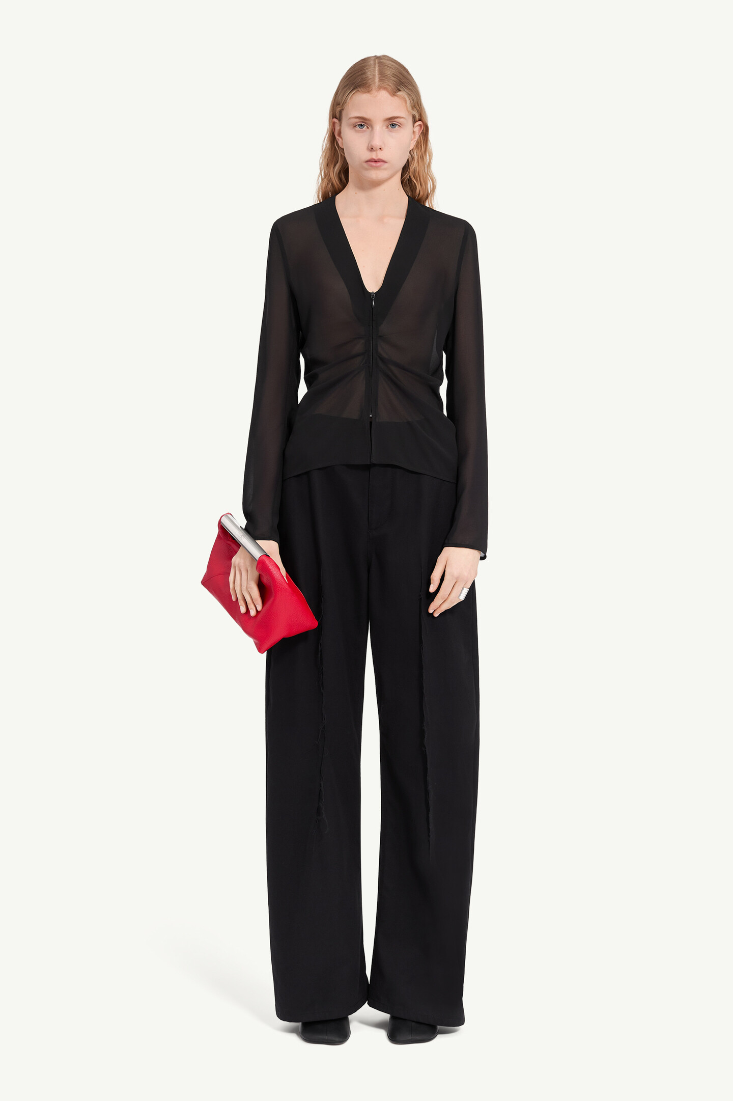 Black Gathered chiffon V-neck top | MM6 Official