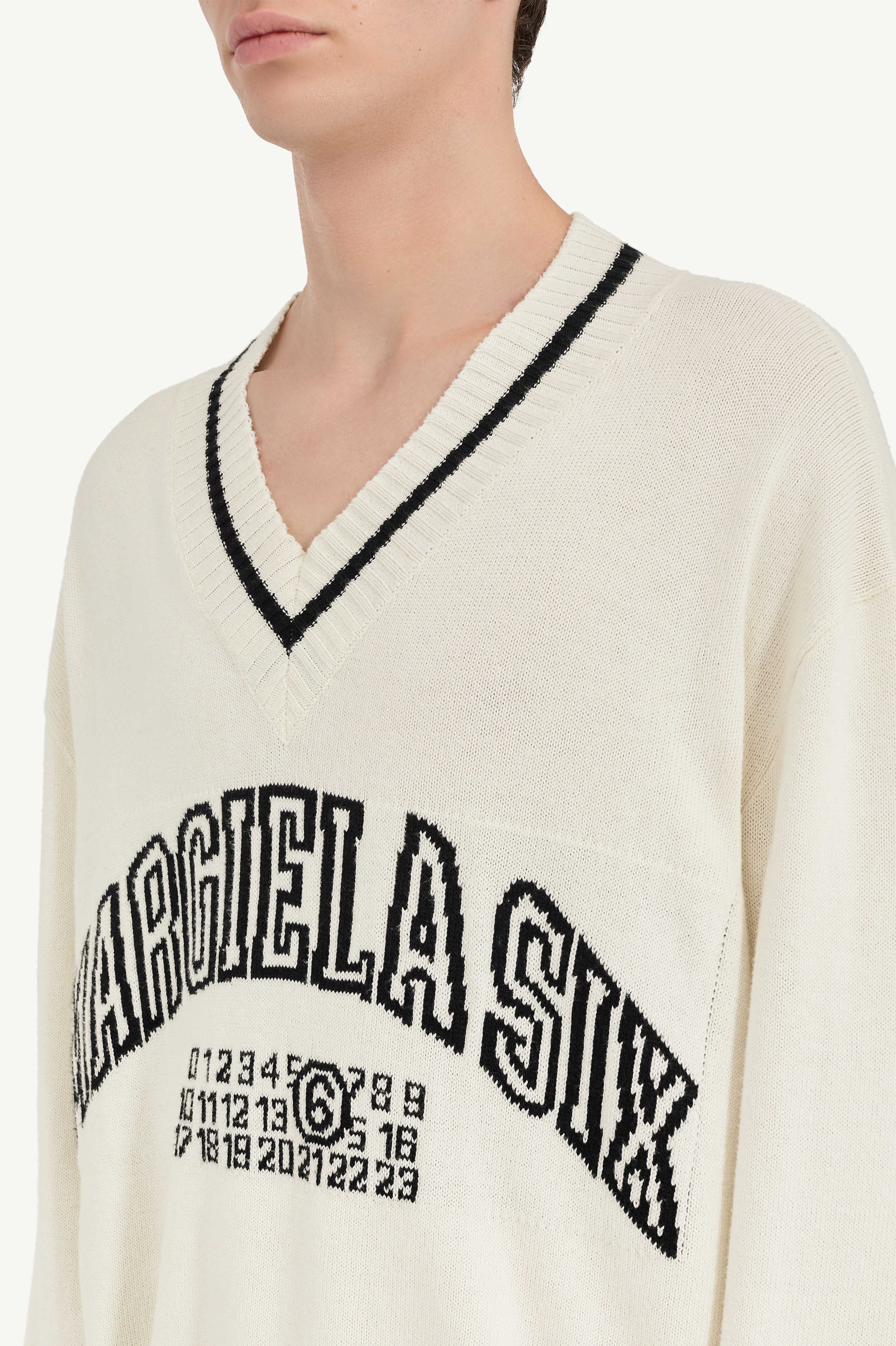 White Ribbed V-Neck Varsity Jumper | Maison Margiela