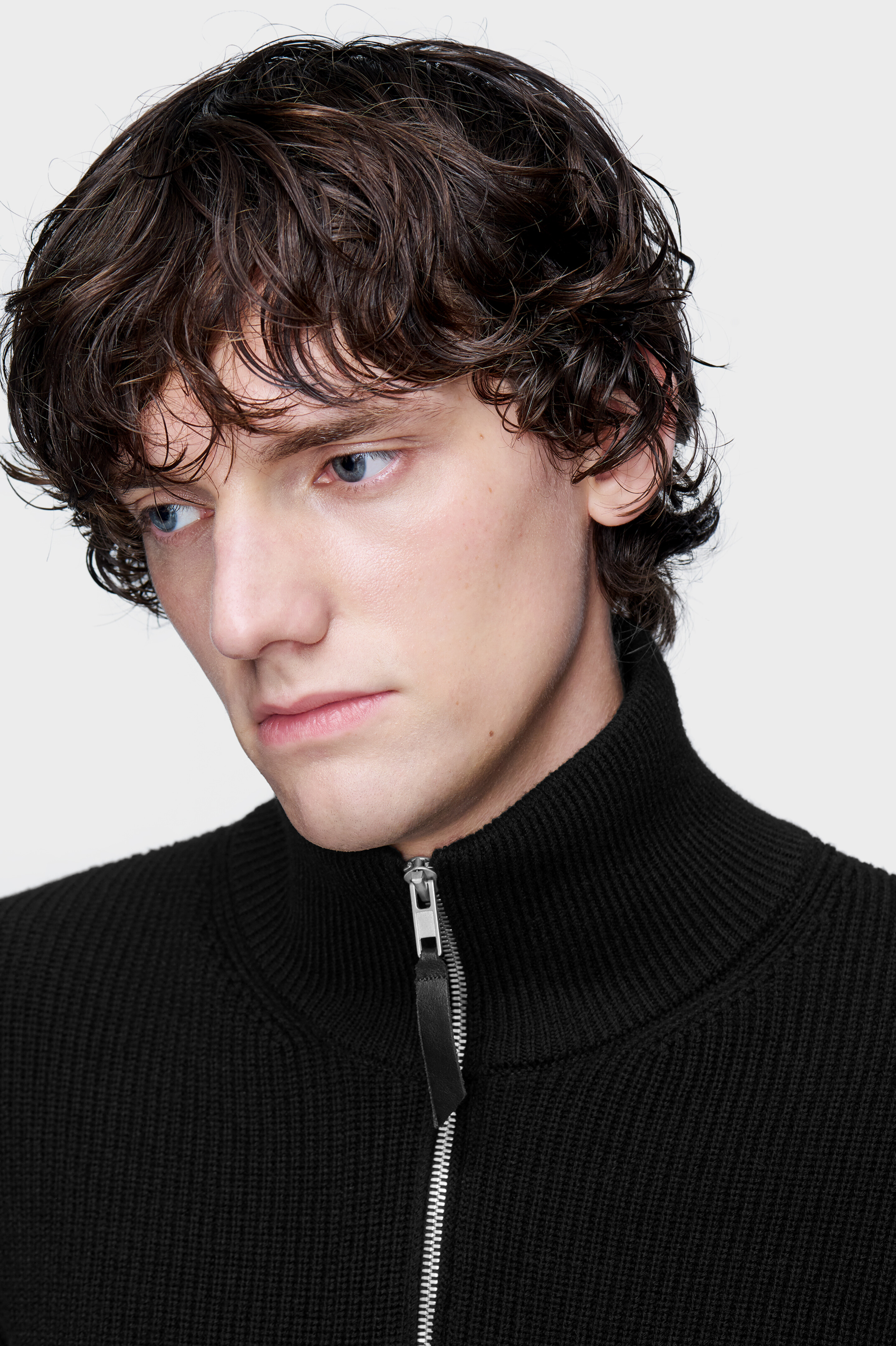 Men's Black Cotton & Wool Knit Zip-Up Cardigan