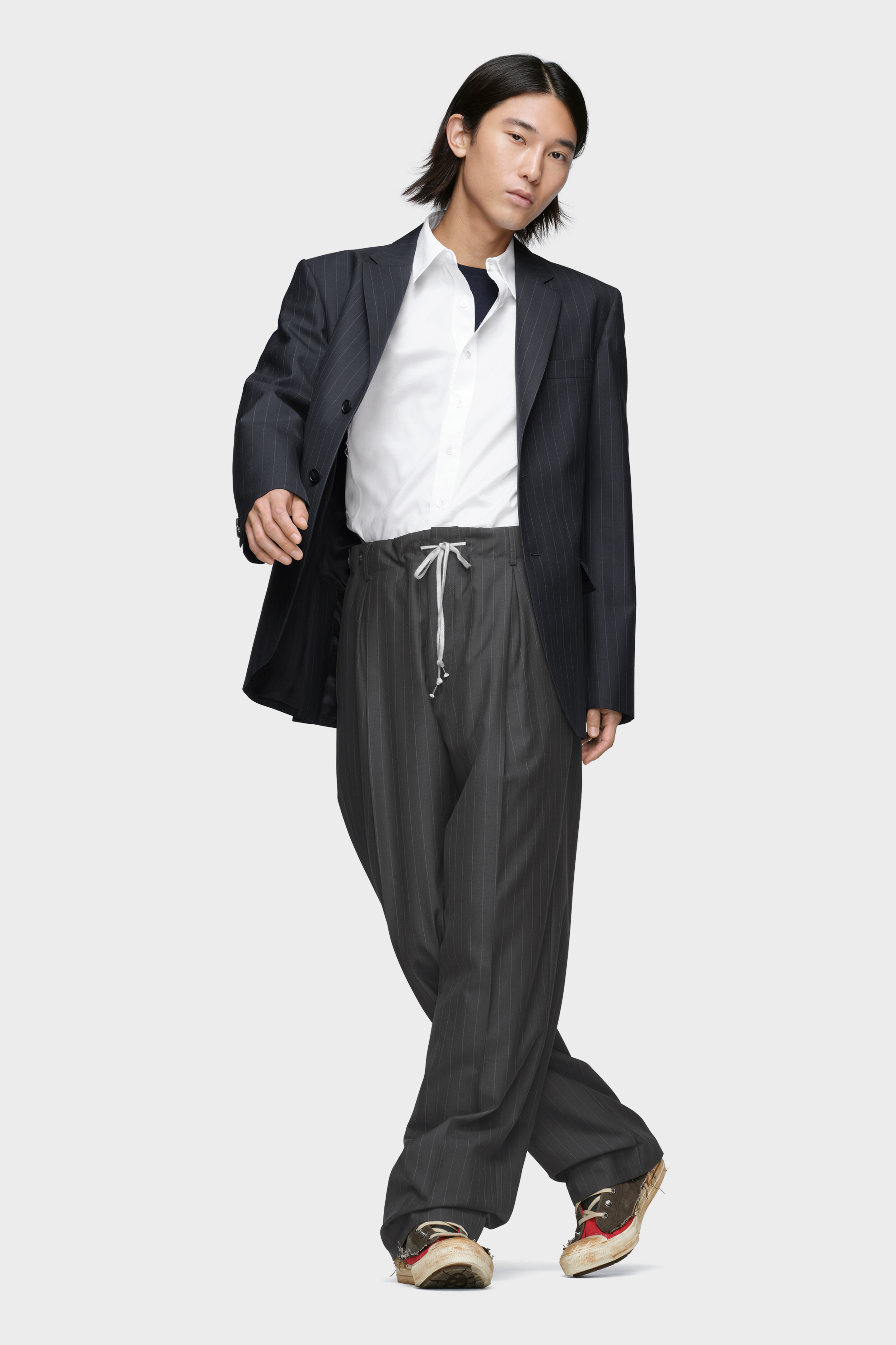 Pinstripe Wool Drawstring Trousers