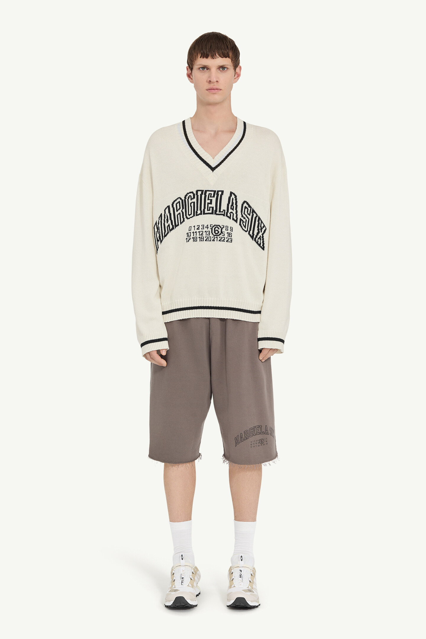 White Ribbed V-Neck Varsity Jumper | Maison Margiela