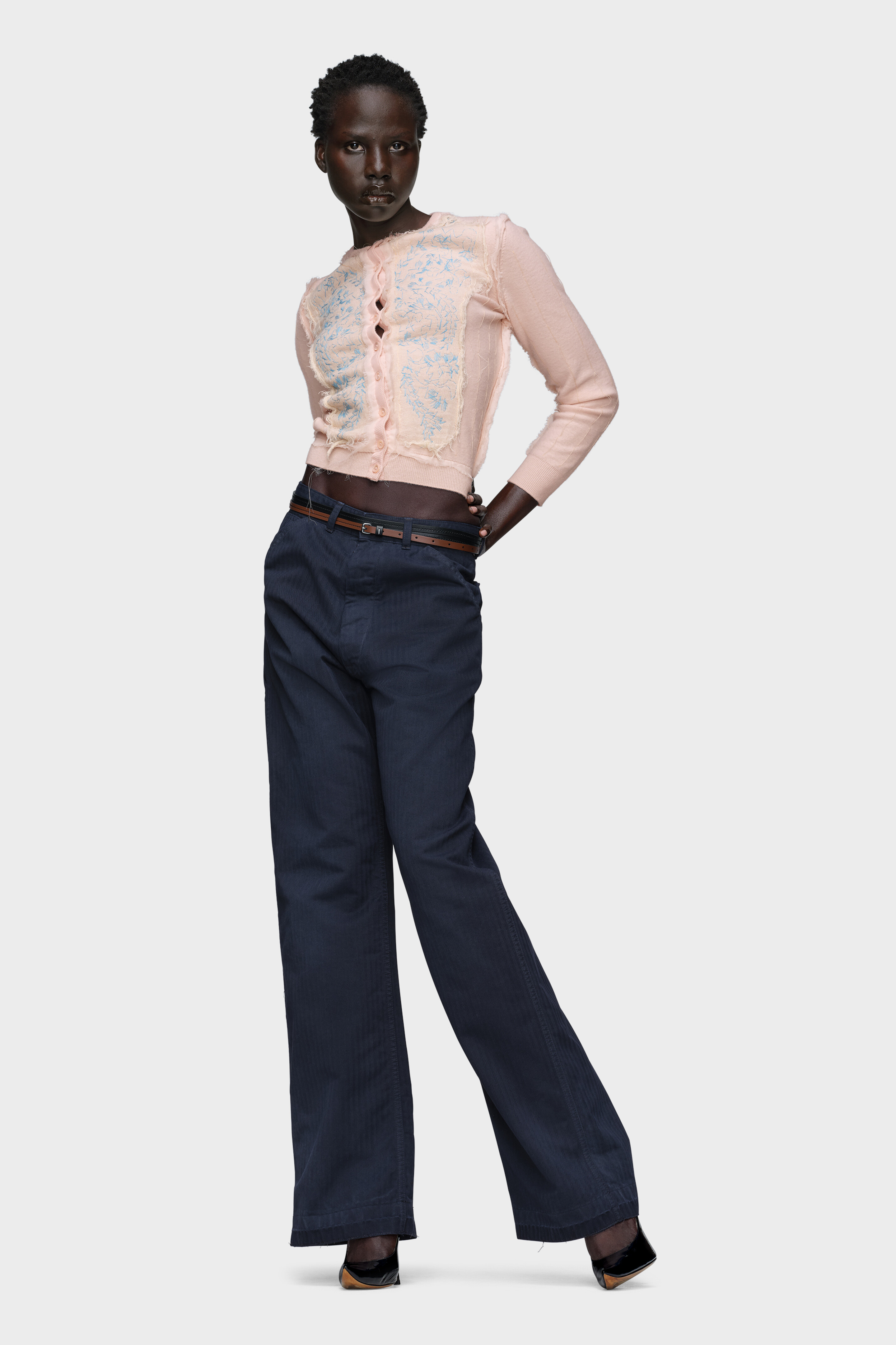 Women's Blue Cotton Herringbone Trousers | Maison Margiela